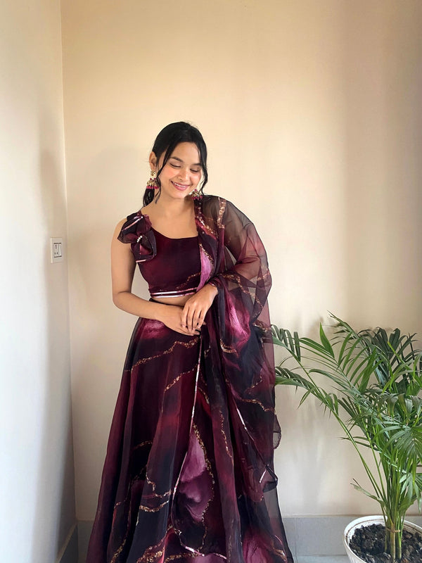 WINE ORGANZA LEHENGA CHOLI.,