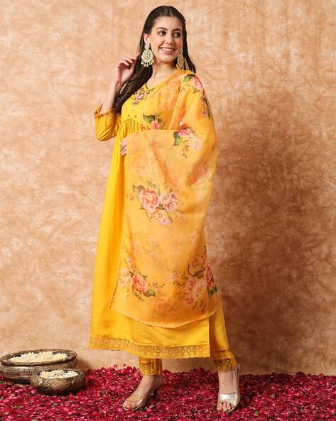 YELLOW SILK KURTI WITH DUPATTA SET