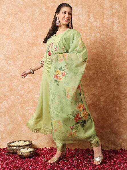 GREEN SILK KURTI WITH DUPATTA SET