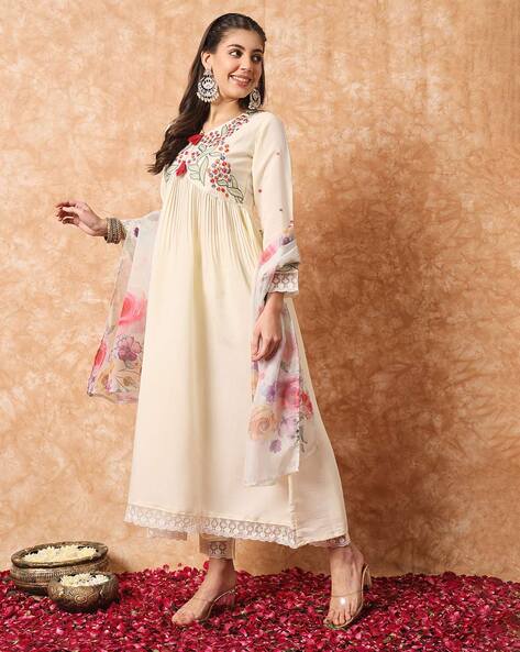 WHITE SILK KURTI WITH DUPATTA SET