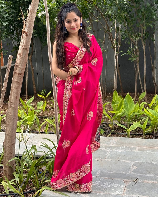 RED SILK DESIGNER PRINTED SAREE