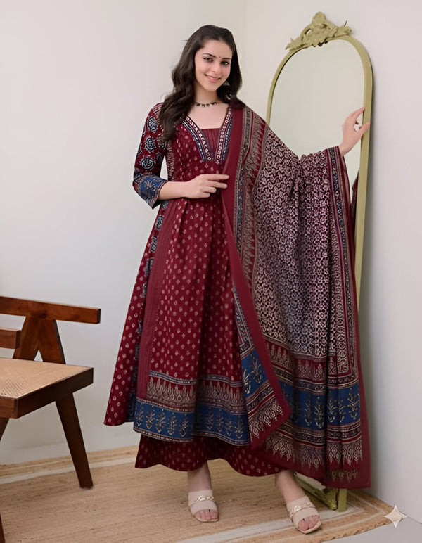 MAROON RAYON PRINTED ANARKALI KURTA