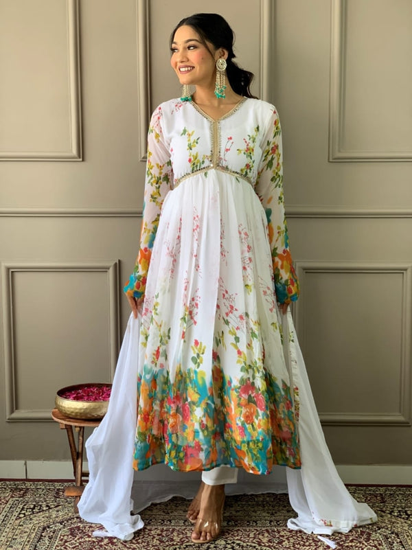 WHITE GEORGETTE DESIGNER KURTI