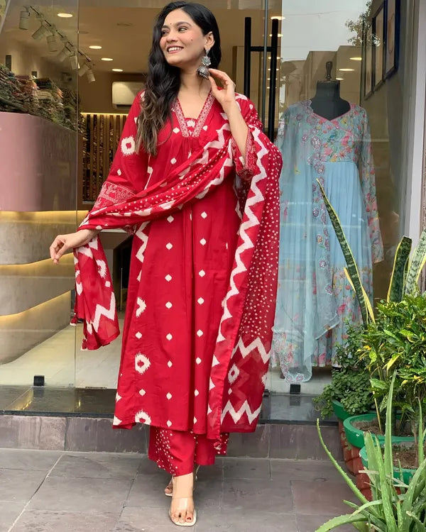 RED WITH WHITE PRINTED KURTI WITH DUPATTA SALWAR SUIT SET