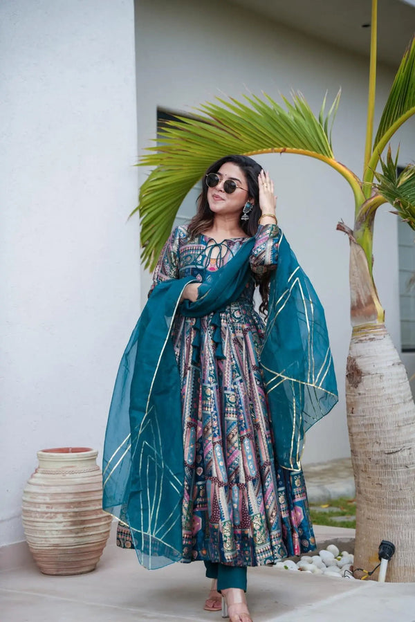 Dark Blue Silk Printed Cotton Kurti