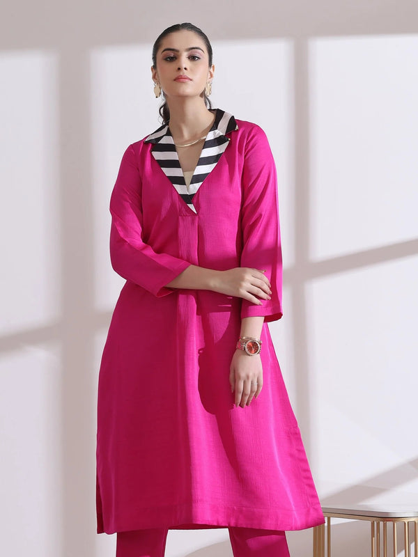 WOMEN'S FUCHSIA KURTA WITH STRIPED COLLAR 1 PIECE