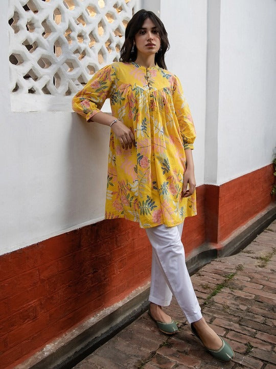 YELLOW PURE COTTON TROPICAL GATHERED TUNIC