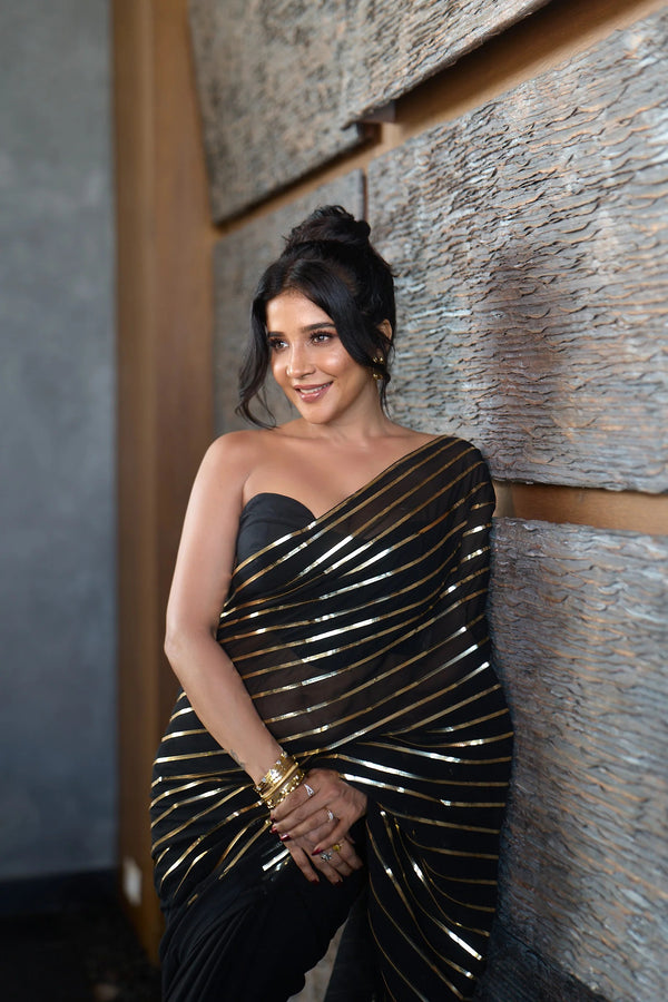 BLACK AND GOLD IMPRESSION GEORGETTE SAREE