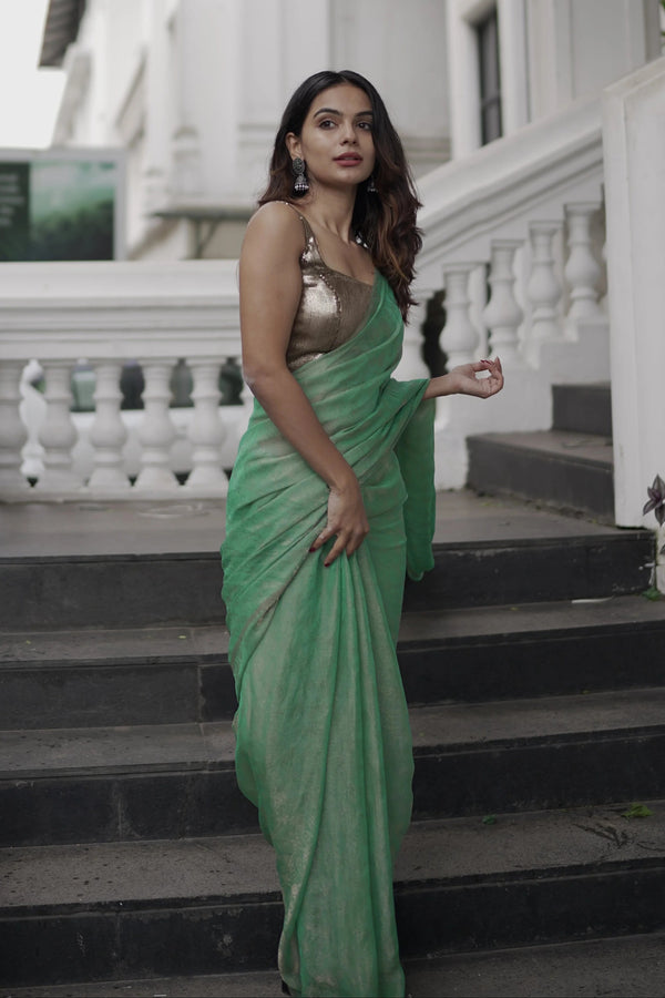 PARIS GREEN PAISLEY GOLD DESIGN CHIFFON SAREE WITH BEADED LATKAN