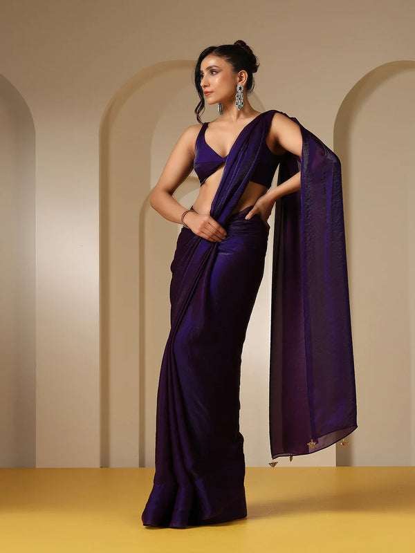 METALLIC PURPLE SATIN SAREE WITH SELF BLOUSE FABRIC