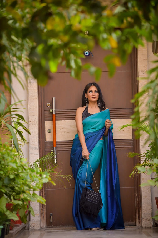 GREEN & BLUE SATIN OMBRE' SAREE
