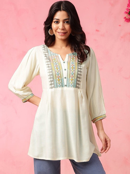 WHITE COTTON A-LINE SHORT KURTI