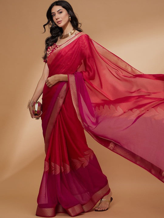 PINK FLORAL WOVEN DESIGN ZARI DETAILED PURE CHIFFON SAREE