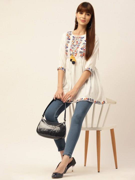 WHITE COTTON THREAD WORK PLEATED SHORT KURTI