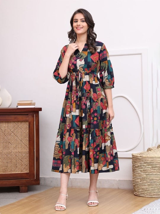 WOMEN ABSTRACT PRINTED MANDARIN COLLAR A-LINE DRESS
