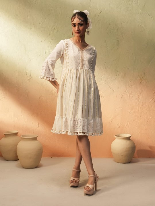 OFF WHITE ETHNIC MOTIFS A-LINE DRESS