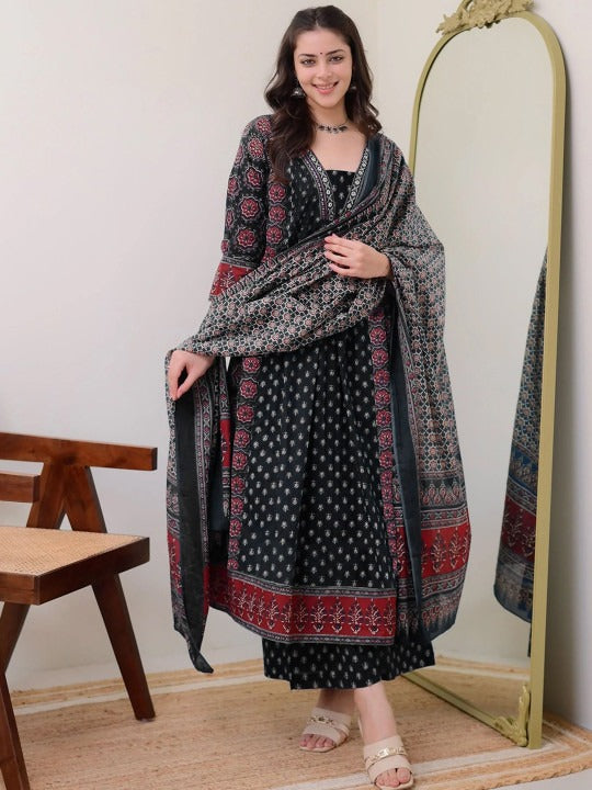 BLACK RAYON PRINTED ANARKALI KURTA