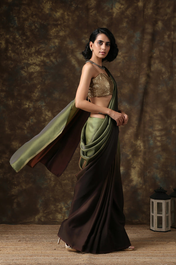 DARK CHOCOLATE & GREEN SATIN OMBRE' SAREE
