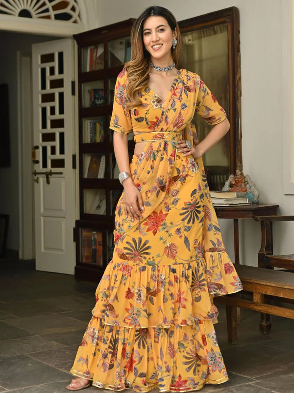YELLOW PRINTED RUFFLE SAREE