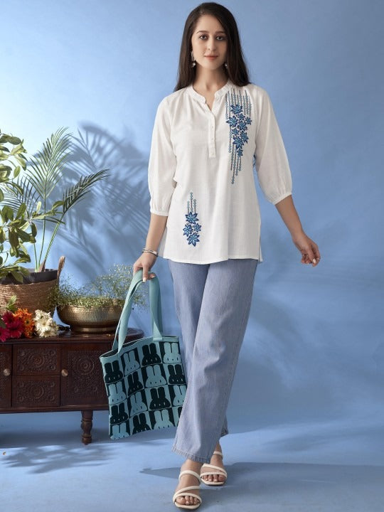 WHITE EMBROIDERED PUFF SLEEVES STRAIGHT SHORT KURTI
