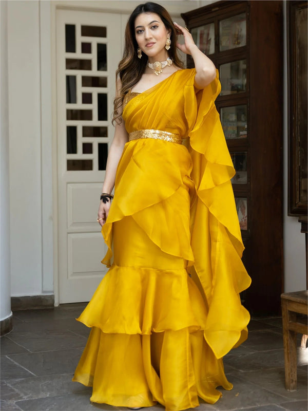 YELLOW SEQUIN ORGANZA RUFFLED SAREE