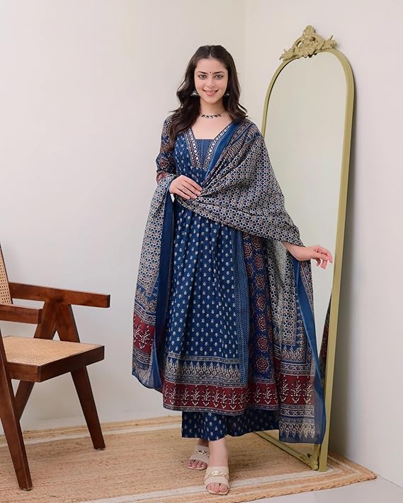 BLUE RAYON PRINTED ANARKALI KURTA